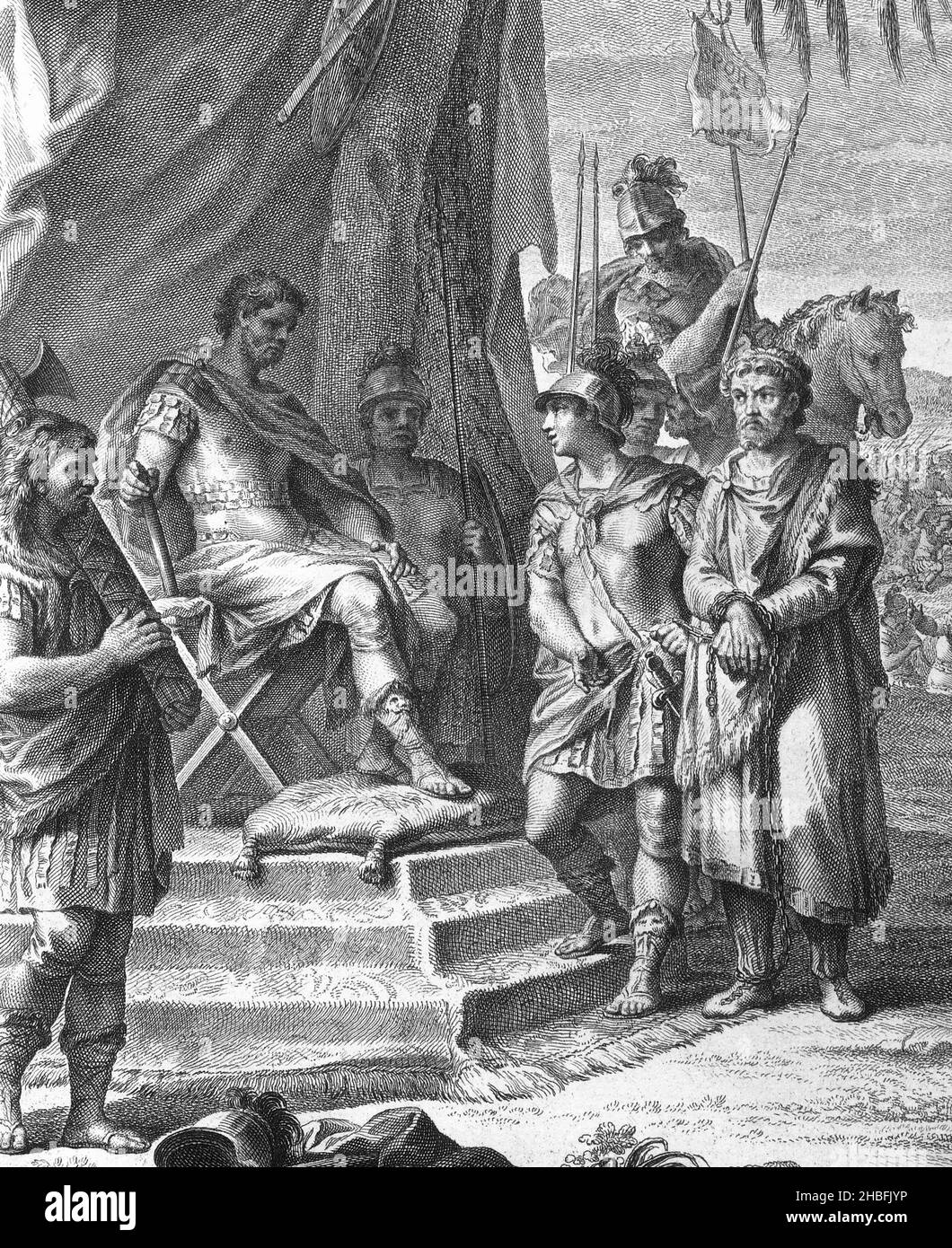 An engraving showing the capture of Jugurtha  and his being presented to Sulla in chains Stock Photo