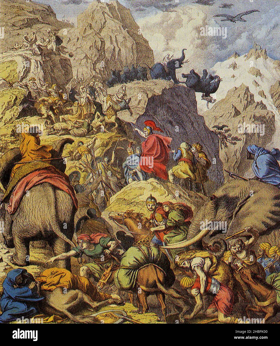 Hannibal crossing the Alps with his elephants by Heinrich Leutmann Stock Photo