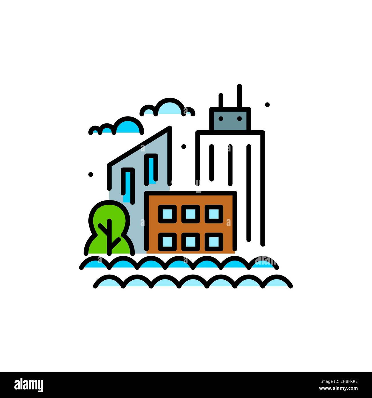 Flooded city. Skyscrapers and trees drowning in water. Pixel perfect, editable stroke colorful icon Stock Vector