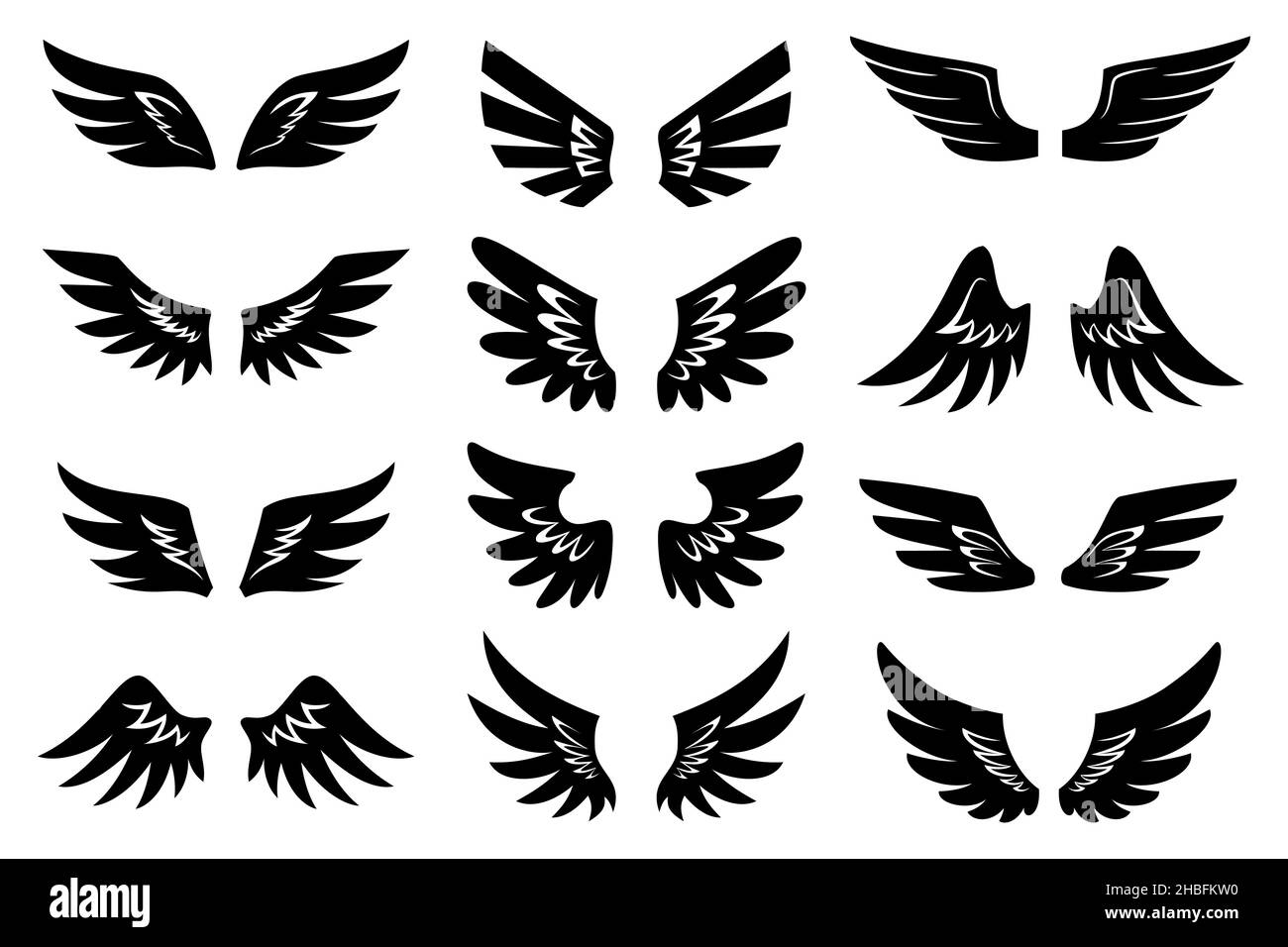 Angel wing stamp print tattoo shape black icon set. Template for filling  simple winged label shape.