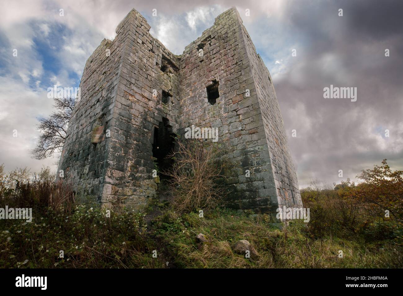 Almond Castle is a ruined. It is  west of Linlithgow, and north of the Union Canal, in Falkirk, Scotland. U.K.  It was known as Haining Castle. Stock Photo