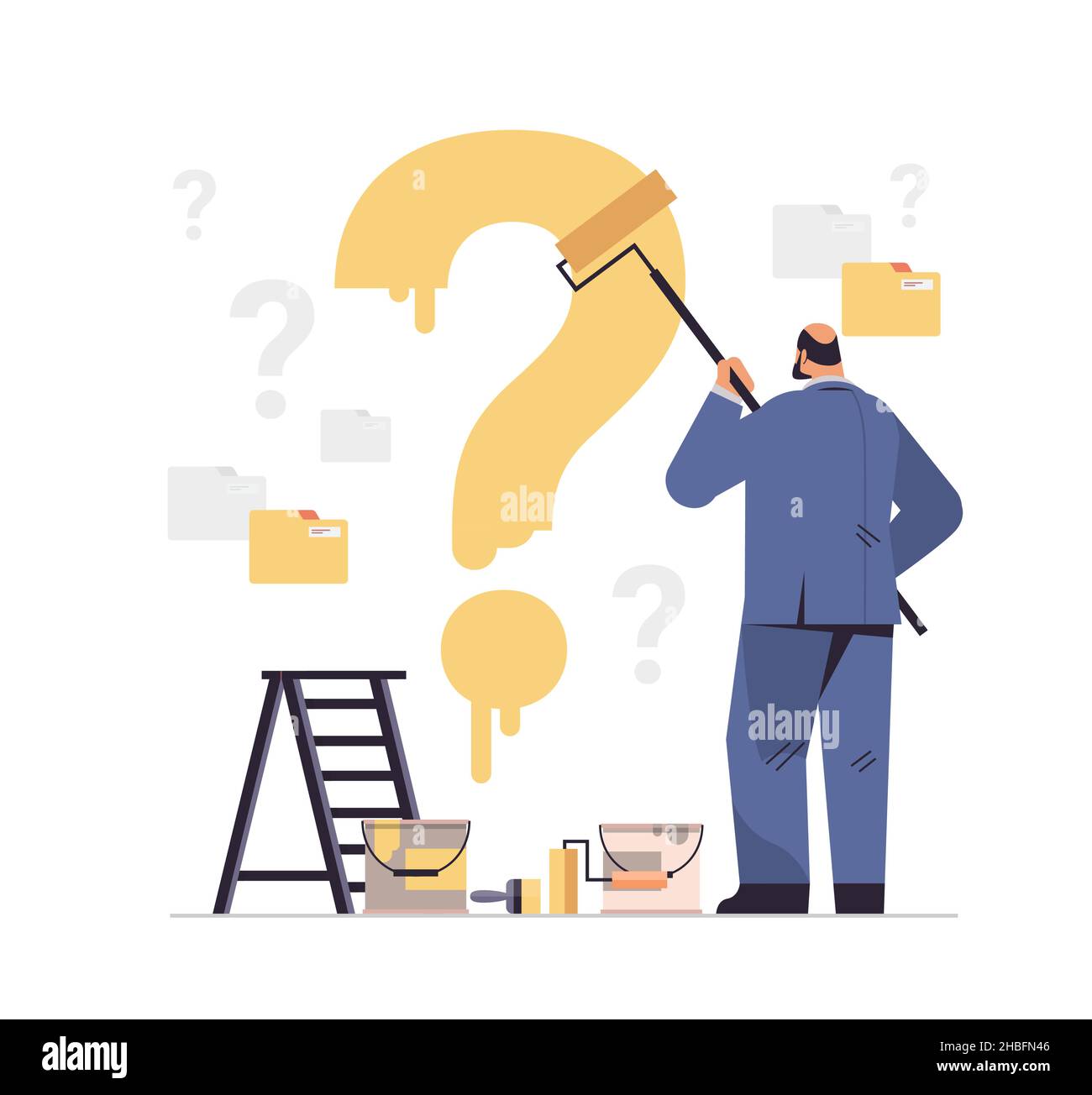 confused businessman painting question mark on wall frustration problem