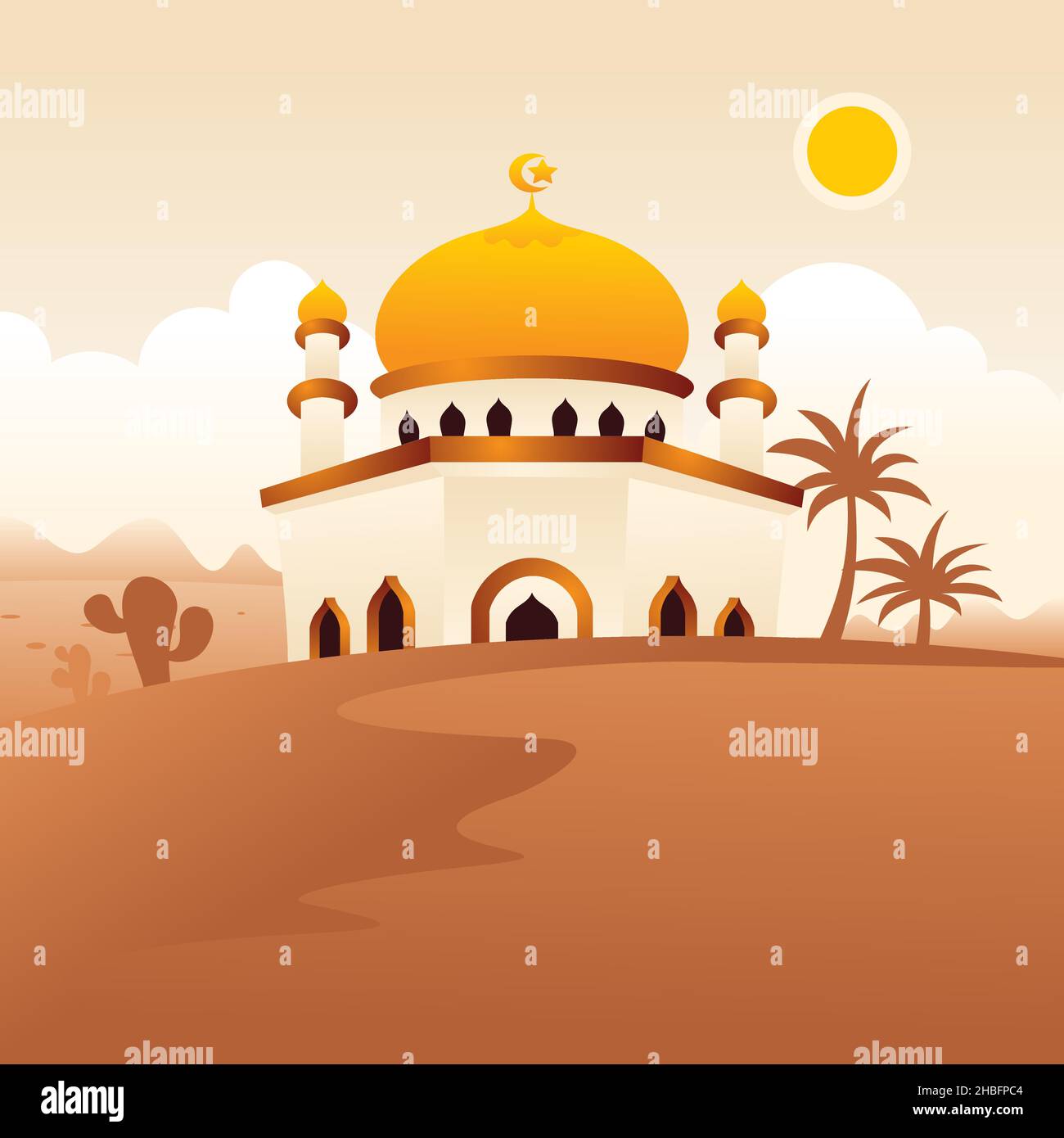 Mosque on desert islamic illustration, eid mubarak background with flat style Stock Vector