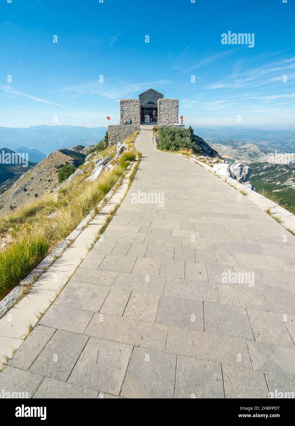 Final part of the tiled path,sloping upwards toward the famous art installation and tourist destination,where the remains of Petar II Petrovic-Njegos Stock Photo