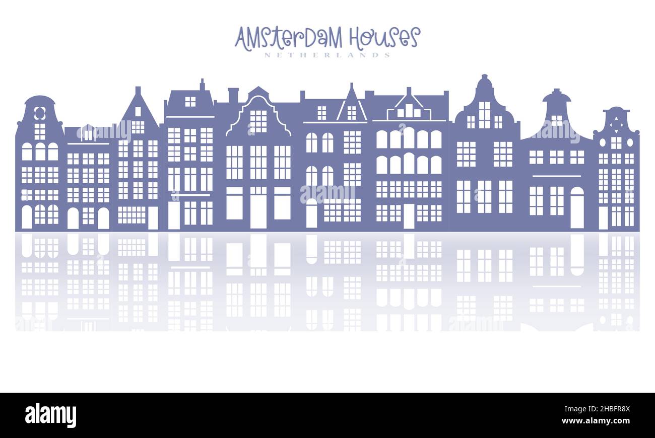 Silhouette of a row Amsterdam houses. Facades of European old buildings for Christmas decoration. Holland homes with reflection. Vector Stock Vector