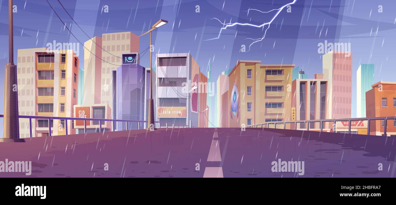 City skyline at rainy weather view from bridge, metropolis cityscape with empty road, skyscraper buildings, urban architecture at thunderstorm. Town or downtown district, Cartoon vector illustration Stock Vector