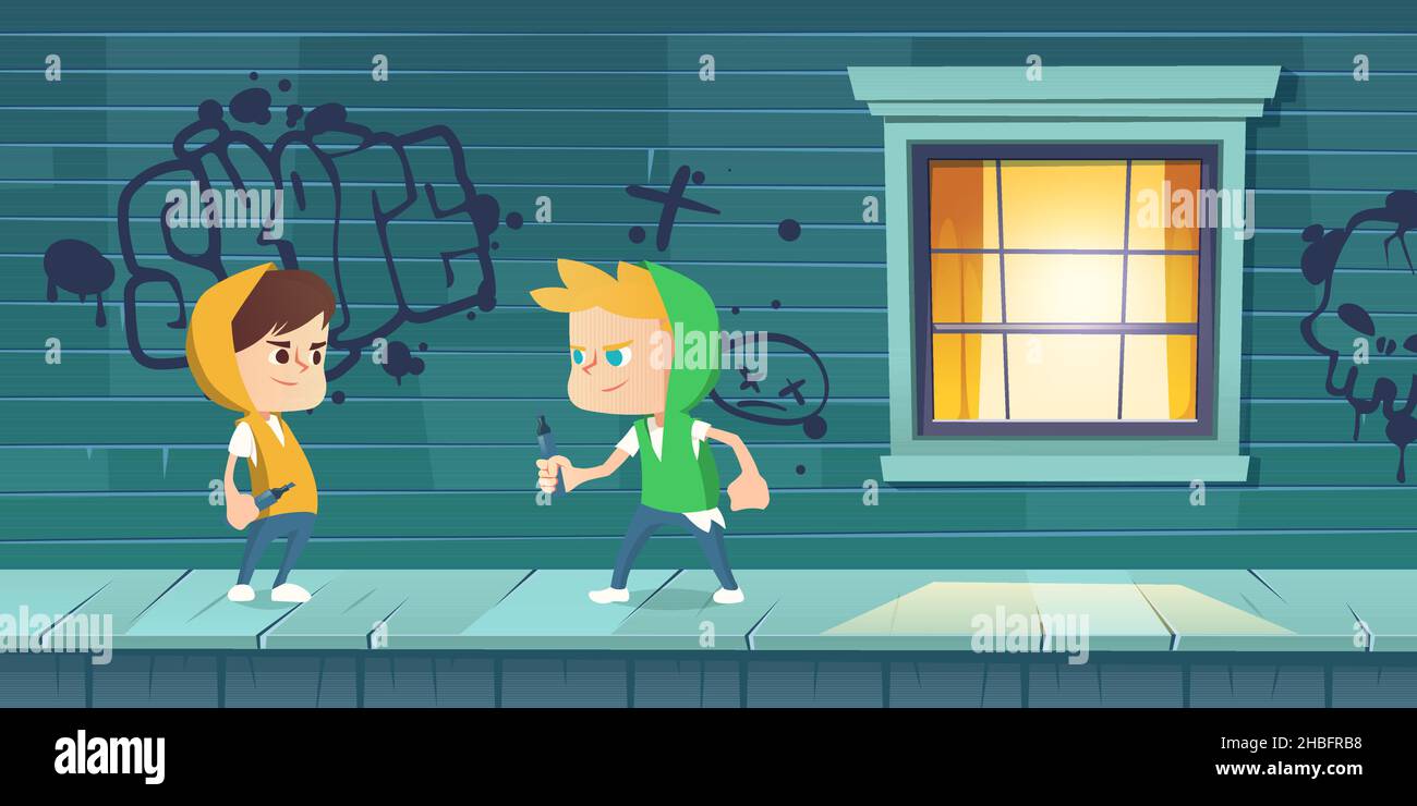 Boys paint graffiti on house. Teenagers with markers drawing street art. Concept of youth rebel culture, vandalism. Vector cartoon illustration of kids painting on green wall Stock Vector