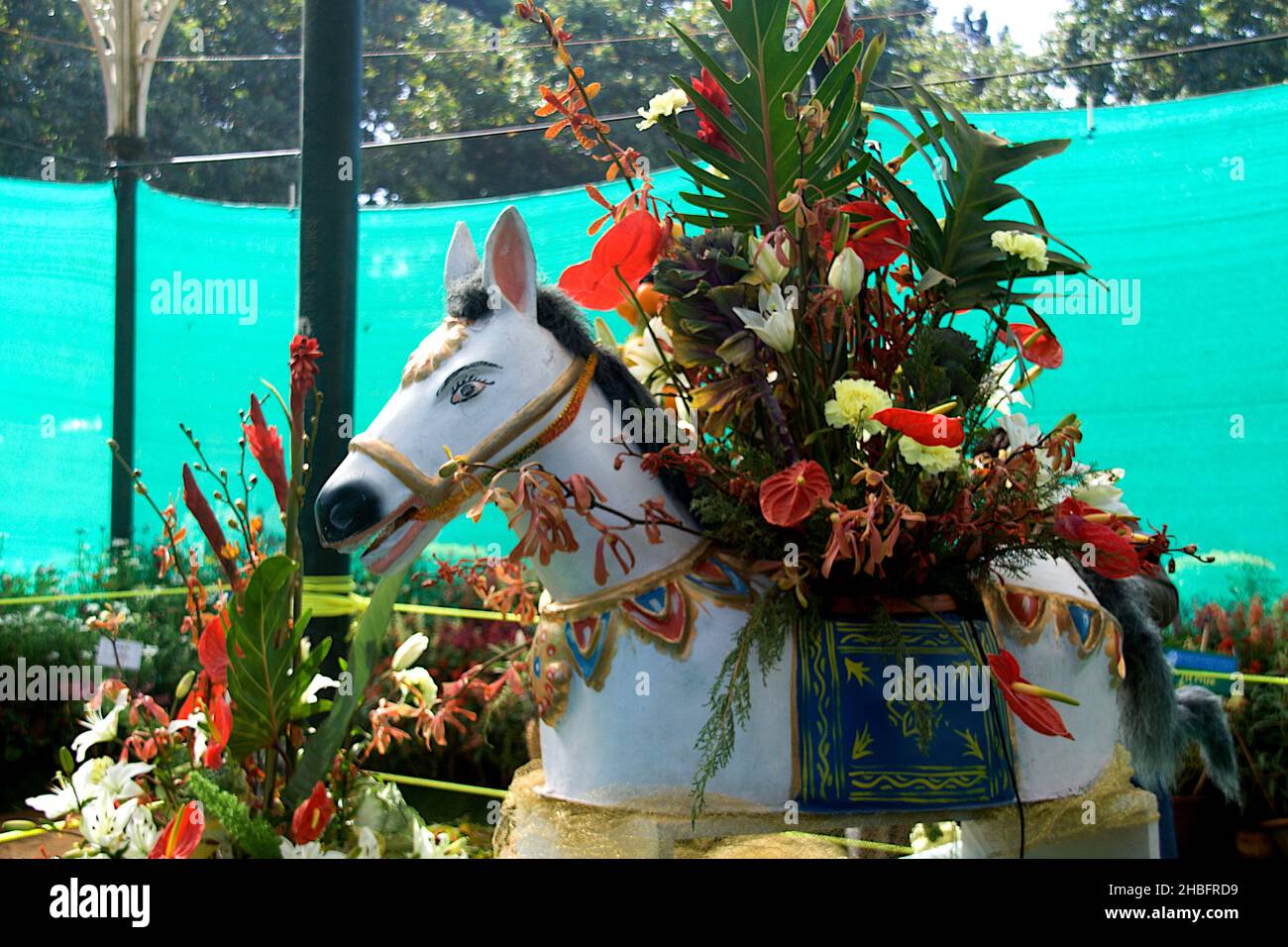 Icon of horse bearing bouquet of flowers at Flower Show in Lalbagh Botanical Garden, Bengaluru, Karnataka, India, Asia Stock Photo