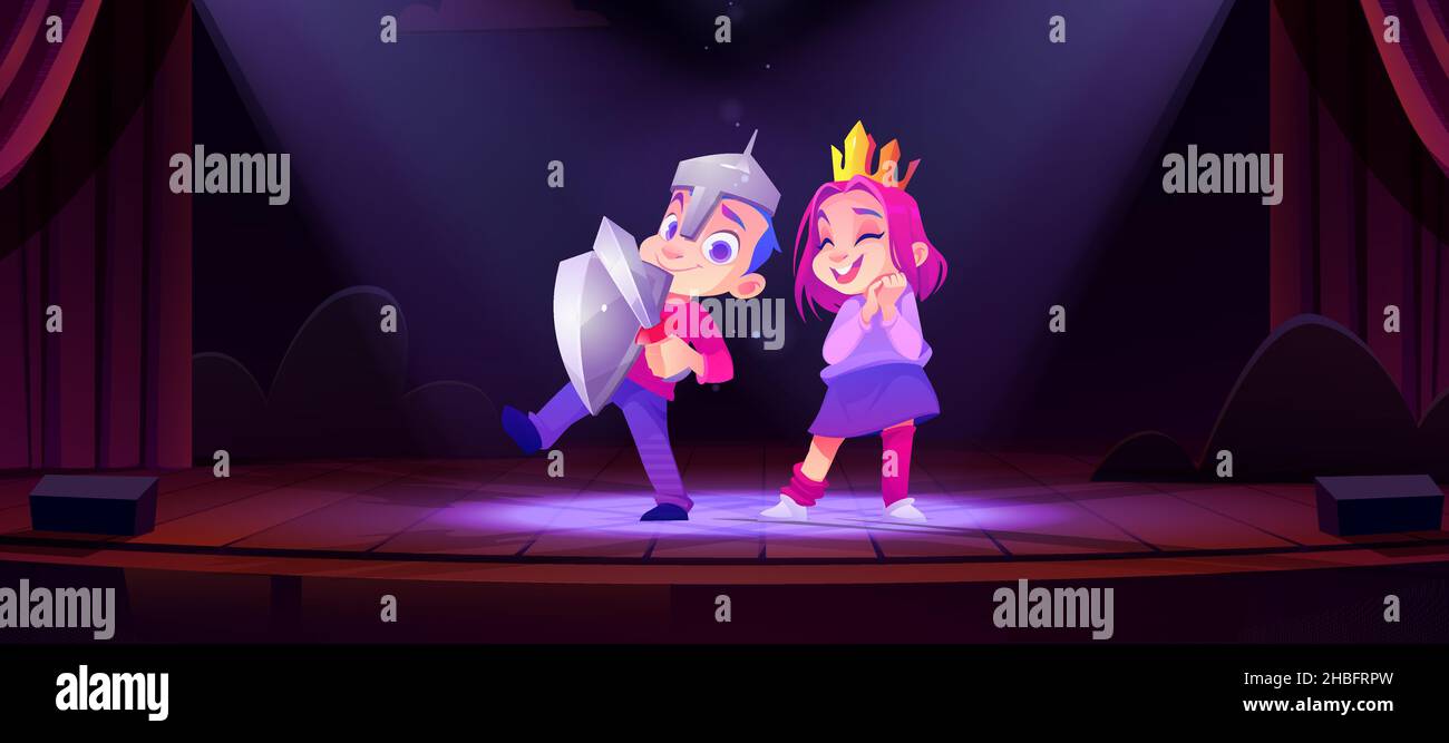Children in princess and knight costumes play performance on theater stage. Vector cartoon illustration of cute kids actors, girl in gold crown and boy in armor with sword and shield Stock Vector
