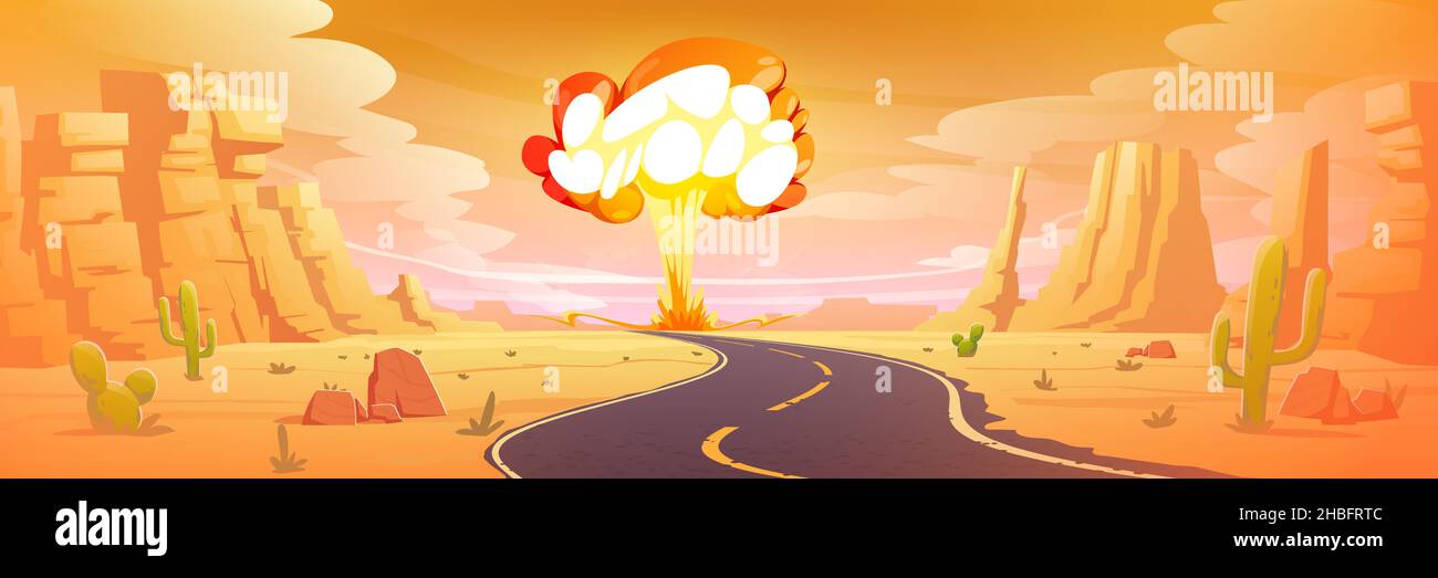 Nuclear bomb explosion in desert, nuke mushroom fire cloud rising to sky above Arizona canyon landscape with highway, cacti and rocks. Atom war, apocalypse game scene, Cartoon vector illustration Stock Vector