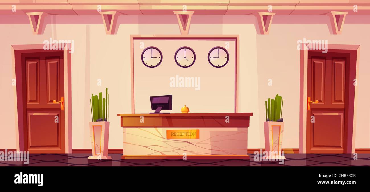 Hotel reception with computer and bell on marble desk, flower vases, clocks on wall. Modern Inn foyer, hall or lobby with wooden doors. Tourism, business trip concept. Cartoon vector illustration Stock Vector