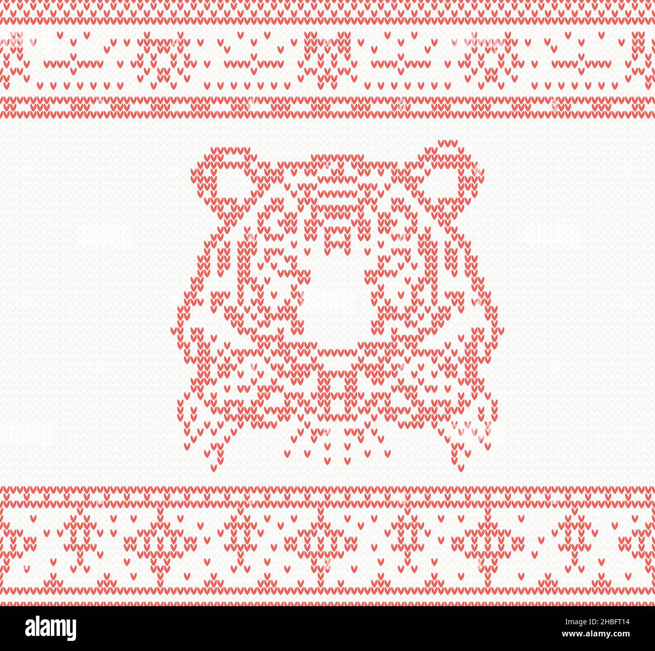Knitted Tiger. Seamless Pattern in Red Color. Vector Illustration. Happy Chinese New Year. Stock Vector