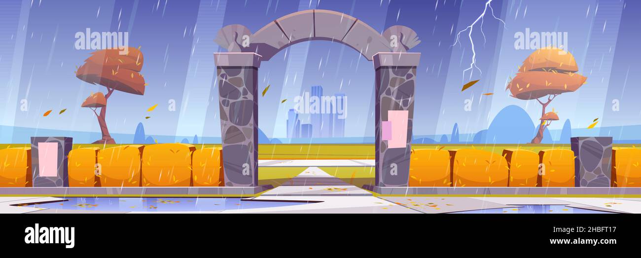 Stone gates, entrance to autumn city garden or park at rainy weather ...
