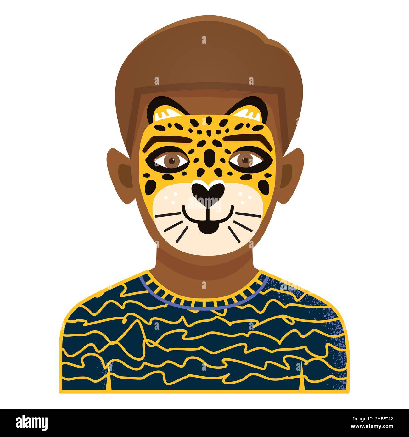 Face Painting Icon with Boy with Leopard Painting. Isolated on White Background. Vector Illustration. Funny Kid Face. Stock Vector