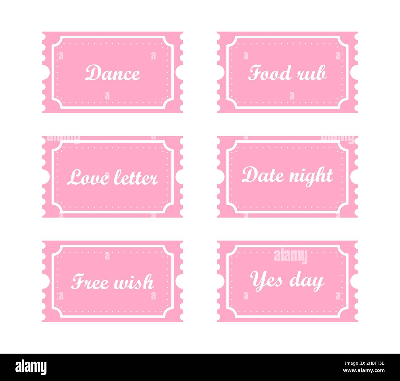 Valentines coupons. Love night tickets. Best gift for boyfriend. Present for couples. Vector cards templates in cartoon style Stock Vector