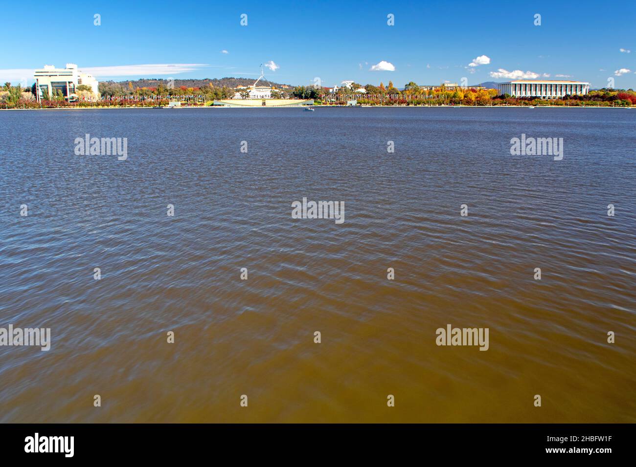 View across Lake Burley Griffin to the National Library and High Court ...