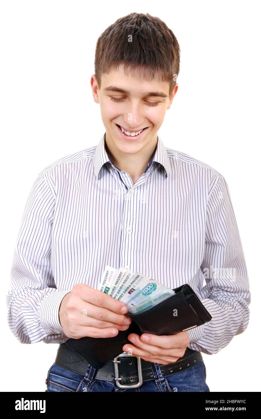 Happy Teenager take out the Russian Currency from the Wallet Isolated on the White Stock Photo