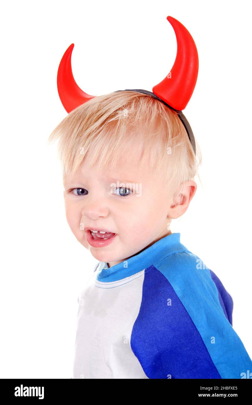 Naughty Baby Boy with Devil Horns on the Head Isolated on the White Background Stock Photo