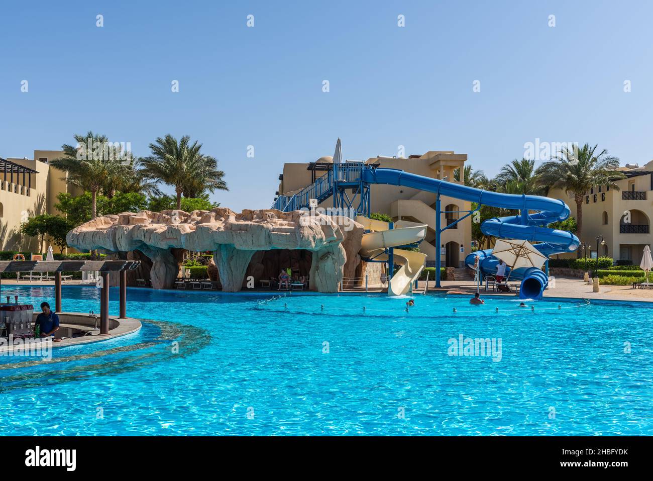 Hurghada, Egypt - May 28, 2021: View of the swimming pool in the Stella Di Mare Gardens Resort and Spa located in Makadi Bay, which one of Egypt beaut Stock Photo