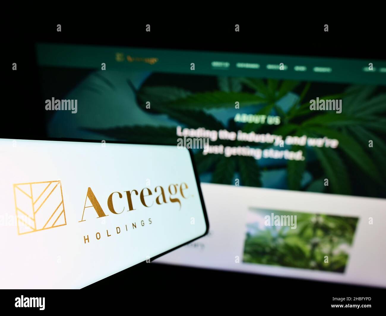 Cellphone with logo of cannabis company Acreage Holdings Inc. on screen