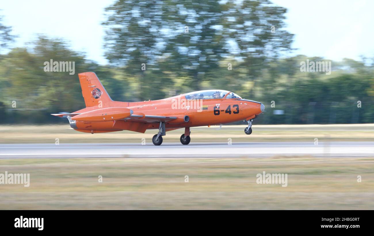 Rivolto del Friuli Italy SEPTEMBER, 17, 2021 Jet training airplane of the 1950s takes off. Aermacchi MB-326 by Volafenice Stock Photo