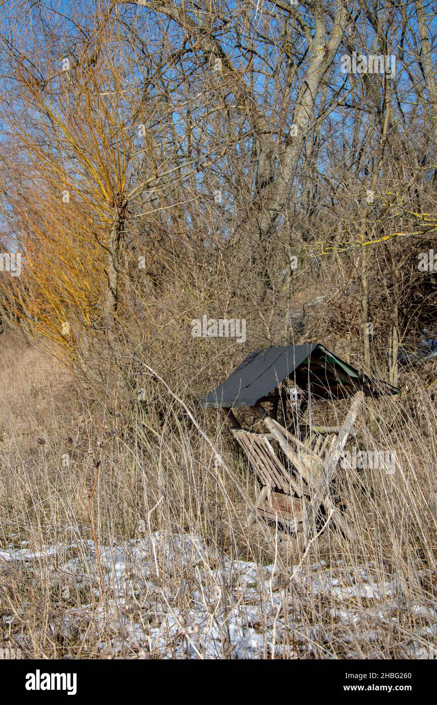 Wooden wild animals feeder in the forest. Deer manger in the winter. Stock Photo