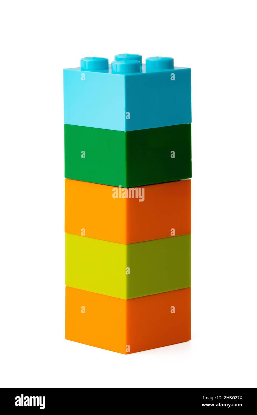 Colorful plastic toy building blocks isolated on white Stock Photo - Alamy