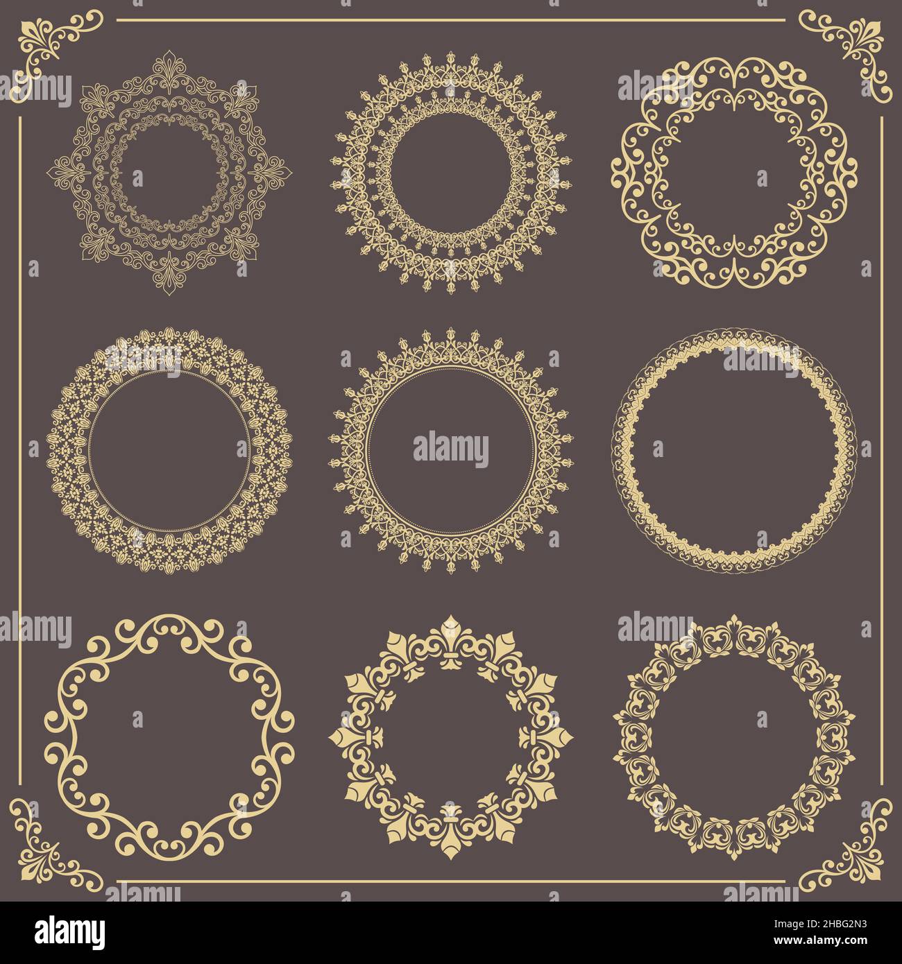 Vintage set of golden vector round elements. Different elements for ...