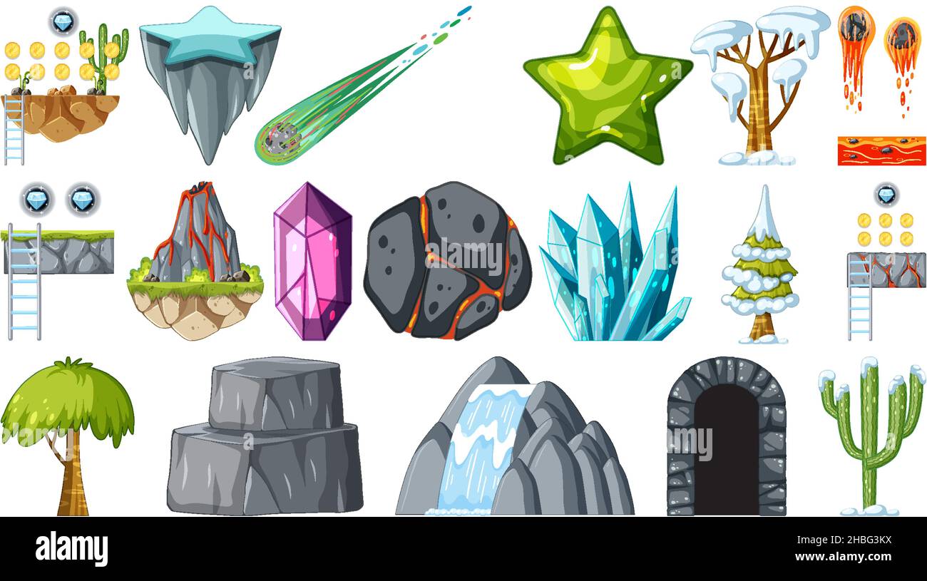 Set of isolated fantasy space game objects and elements illustration ...
