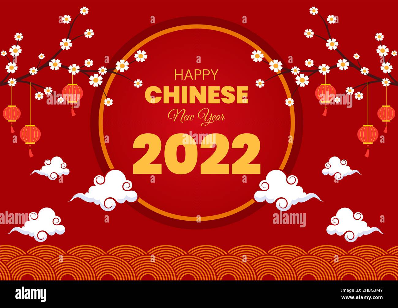 Happy Chinese New Year 2022 with Zodiac Cute Tiger and Flower on Red