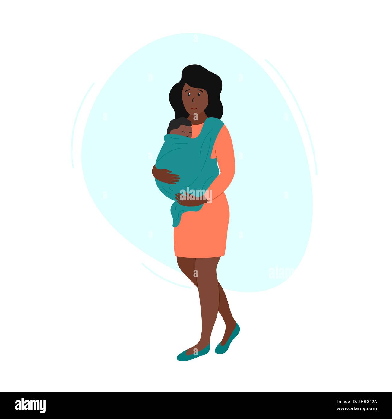 Happy african american woman with baby carrier. Mother holding newborn in sling. Child is wrapped in babycarrier and sleeping. Vector flat illustratio Stock Vector