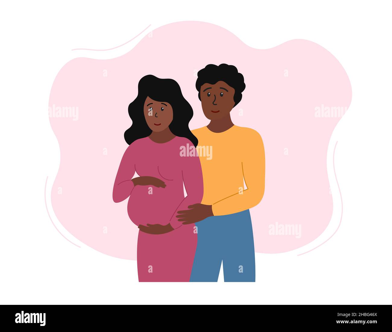 Pregnant couple. Happy married african american pregnant woman and hugging her man. Expectant mom and dad couple. Vector flat illustration. Stock Vector