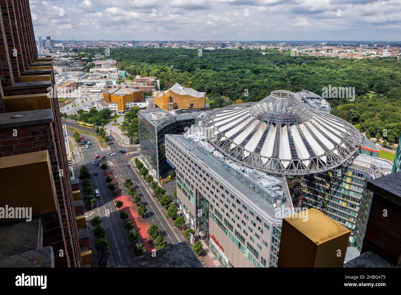 City of Berlin in Germany, cityscape with view above Sony Center complex at e Potsdamer Platz and Tiergarten park. Stock Photo