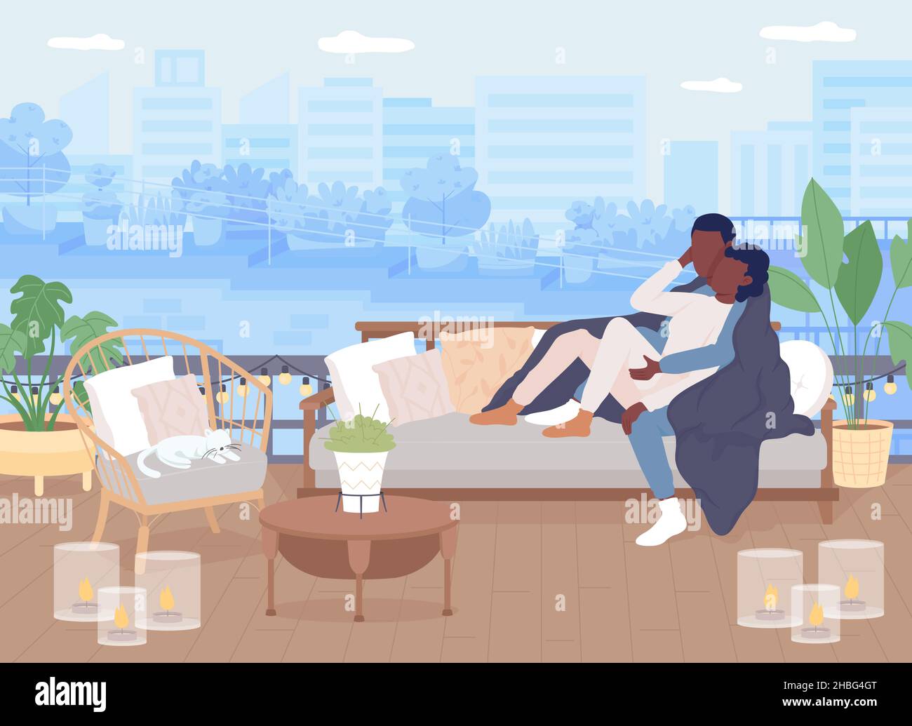 Romantic date outdoors flat color vector illustration Stock Vector
