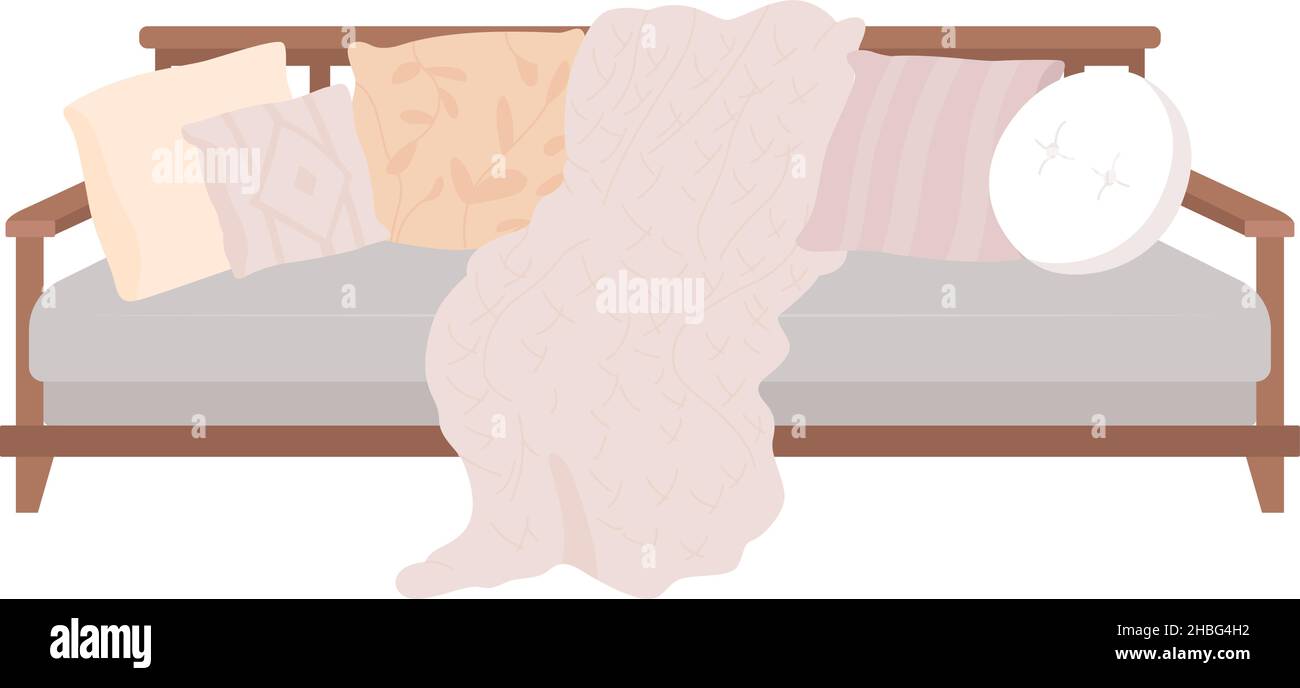 Comfortable sofa with pillows semi flat color vector item Stock Vector