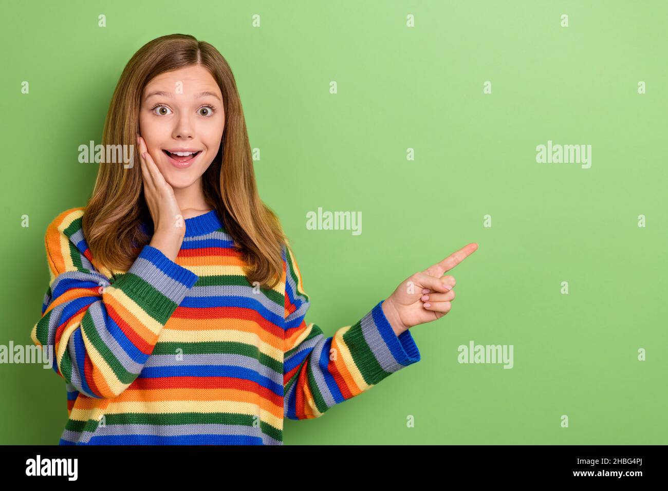 Portrait Of Attractive Girly Amazed Cheerful Girl Demonstrating Copy Space New Solution Ad