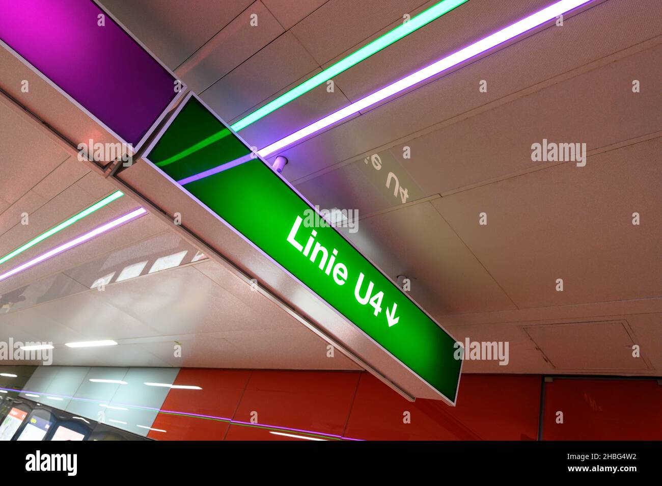 A low angle shot of a sign Linie U4 in the airport Stock Photo