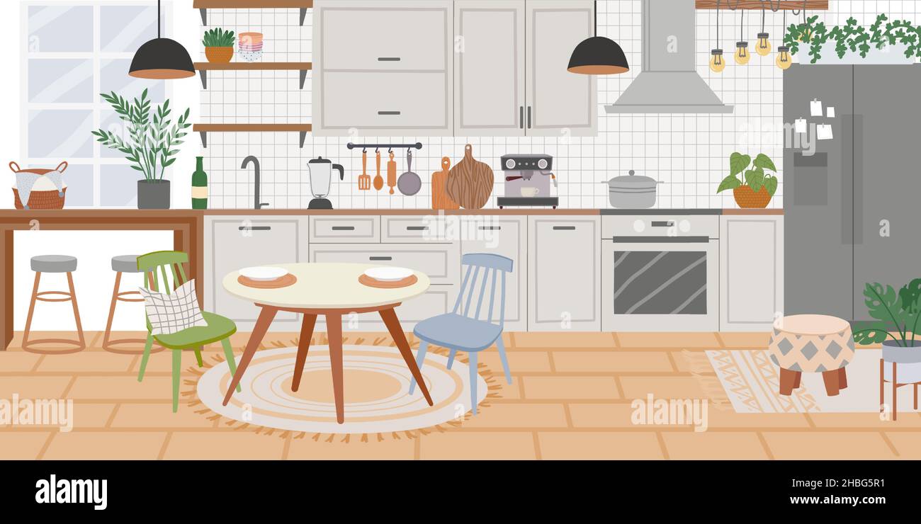 Scandinavian kitchen interior, cooking cabinets and dining table. Home cook room with furniture and fridge. Cozy kitchen vector background Stock Vector