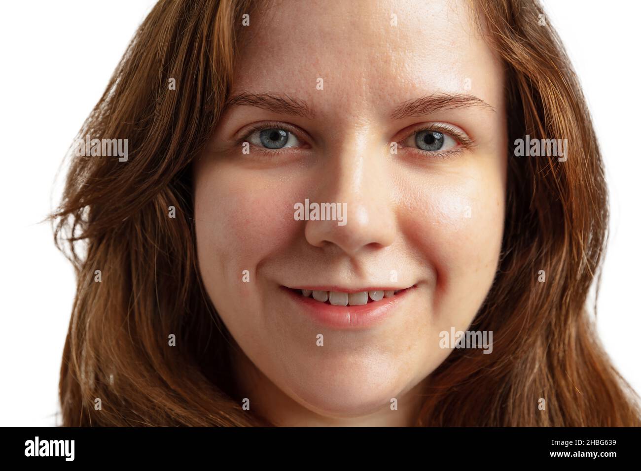 Close-up portrait of woman. Female face without makeup. Anti-aged cosmetology, well-kept skin, medicine and health. Stock Photo