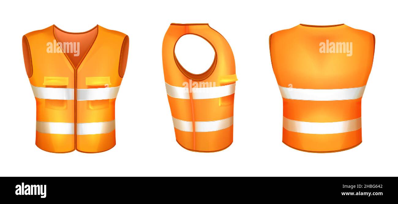 Realistic orange safety vest with reflective tape. Protective uniform with fluorescent stripes or hi-vis clothing for workers. High visibility waistcoat. Fluorescent personal protective workwear. Stock Vector
