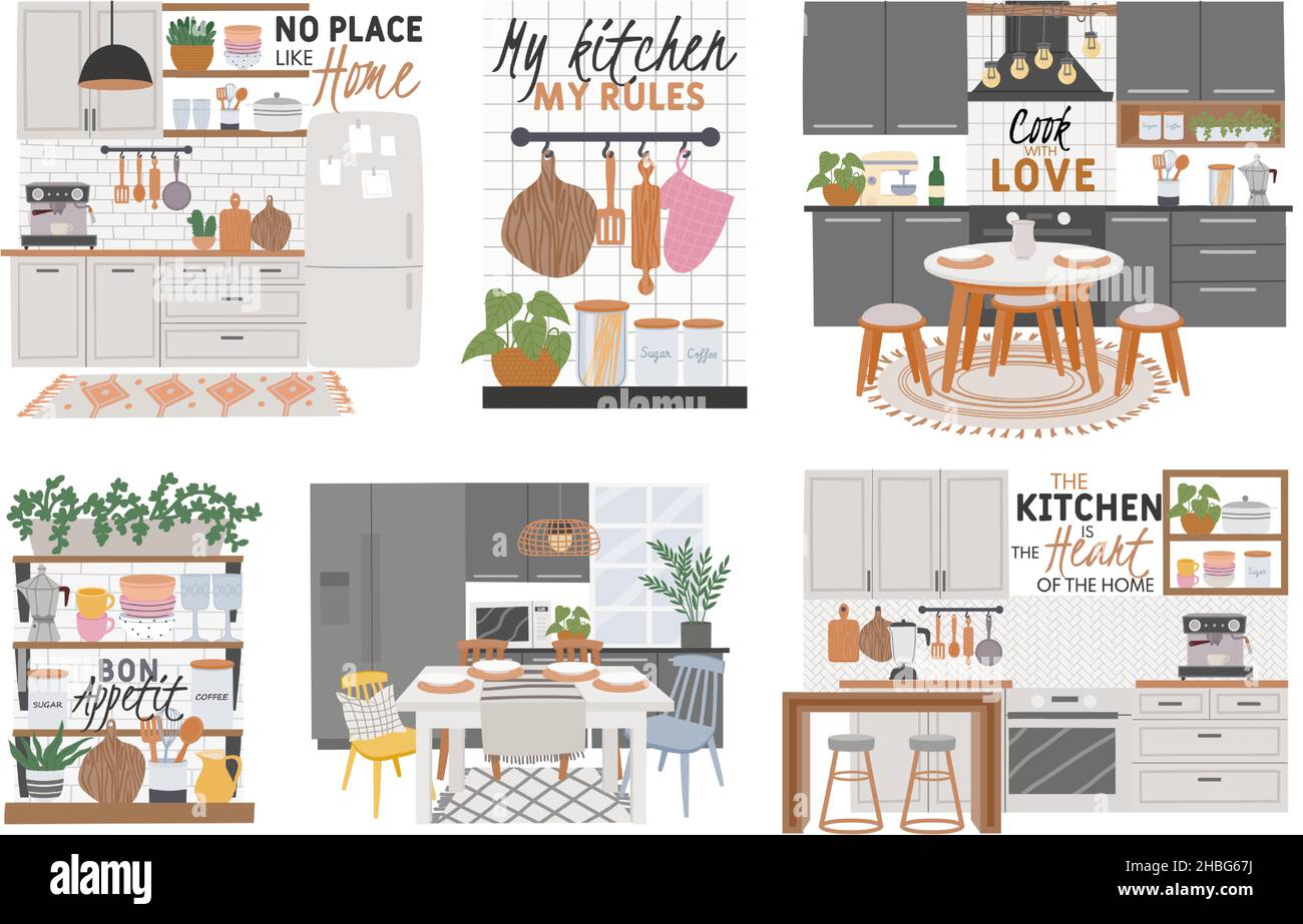 Posters with cozy kitchen room interiors and cook quotes. Kitchens