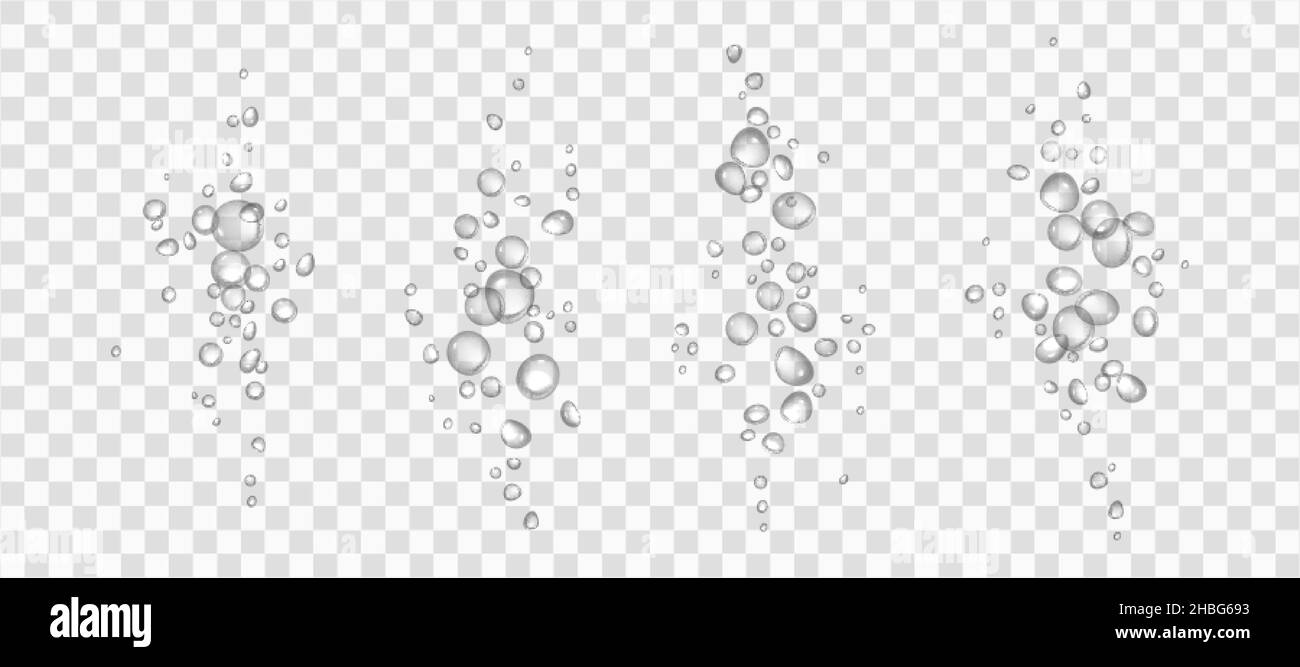 Effervescent water or oxygen fizz, white air bubbles realistic 3d vector illustration. Moving underwater fizzing. Soda or champagne drink design elements isolated on transparent background. Stock Vector