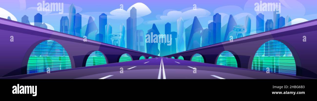 Cartoon city with buildings and traffic road. Cityscape with highway and bridge. Modern architecture towers and skyscrapers. Urban landscape design. Street in perspective. Stock Vector