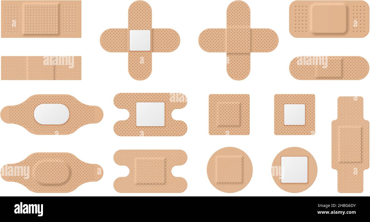 Realistic medical plasters, patches and first aid bands. Elastic