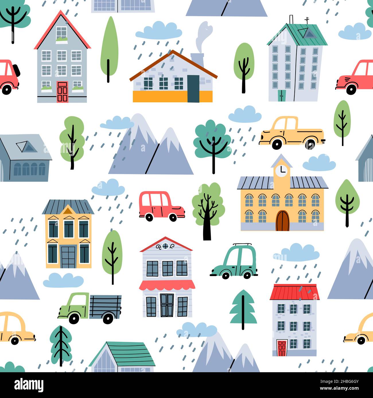 Childish seamless pattern with scandinavian houses, trees and cars. Cute town and transport. Cartoon landscape vector print for baby nurcery Stock Vector