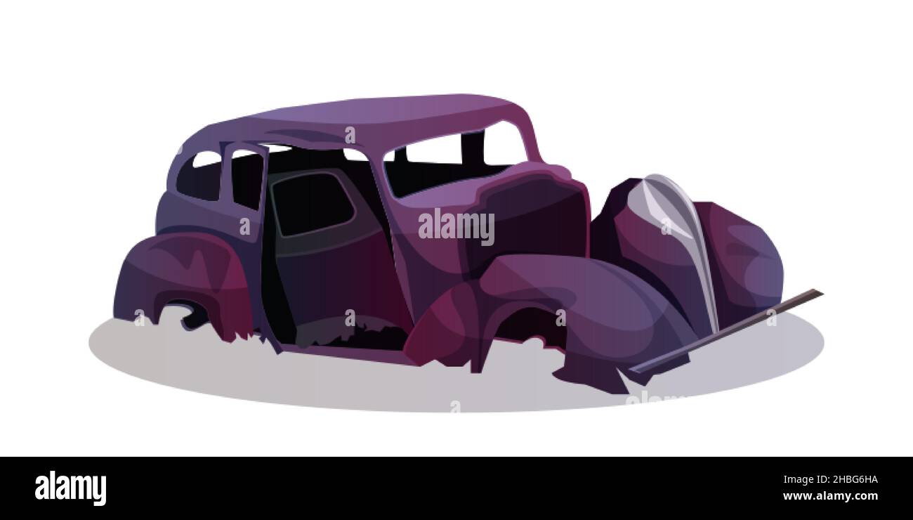 Cartoon burned passenger car after cataclysm or explosion. Destroyed transportation in war zone. Abandoned broken old automobile after natural disaster or earthquake isolated on white background. Stock Vector