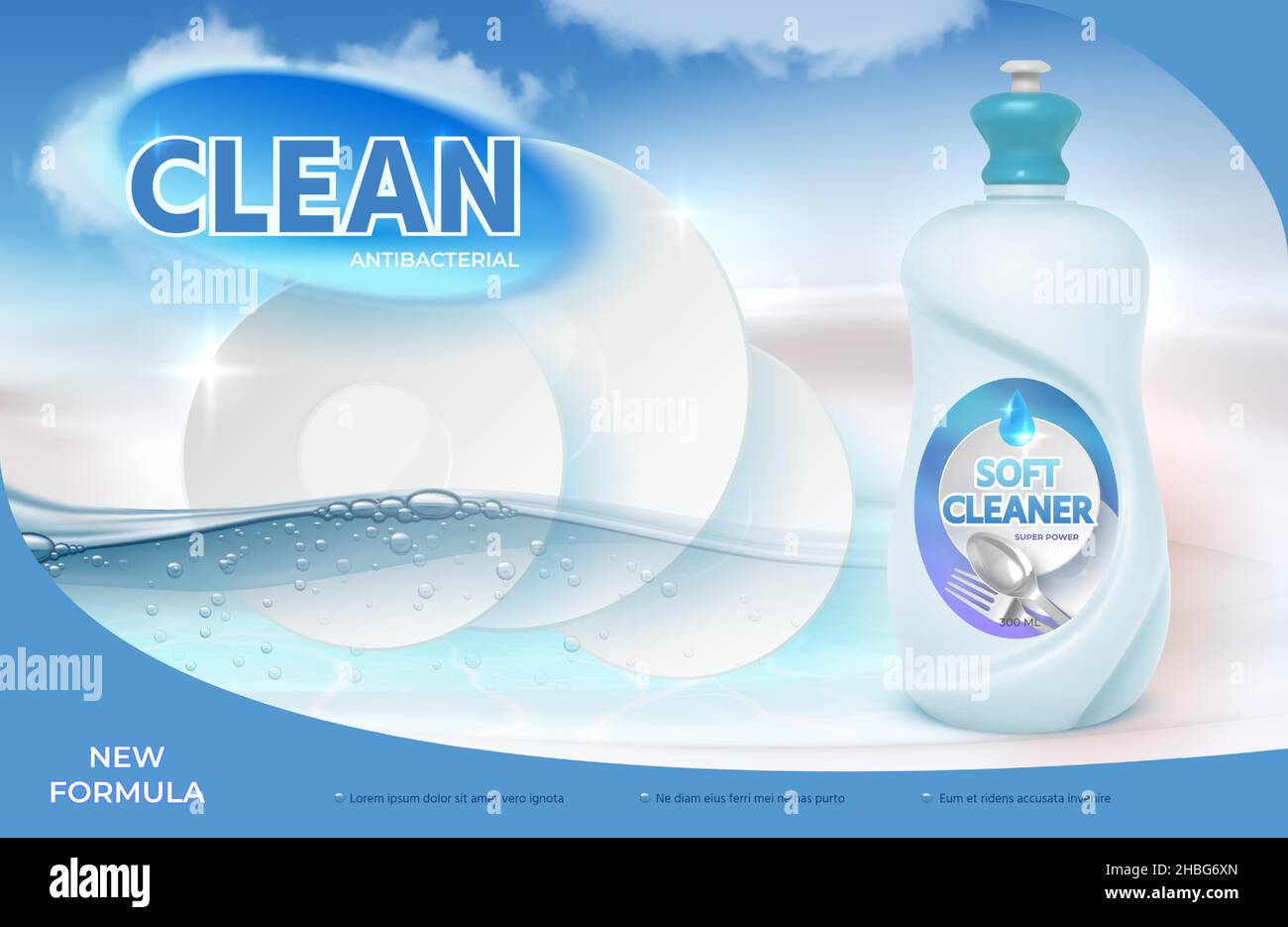 Poster with realistic dish washing product and clean plate. Liquid soap kitchen cleaner advertising with water and bubbles vector ad design Stock Vector