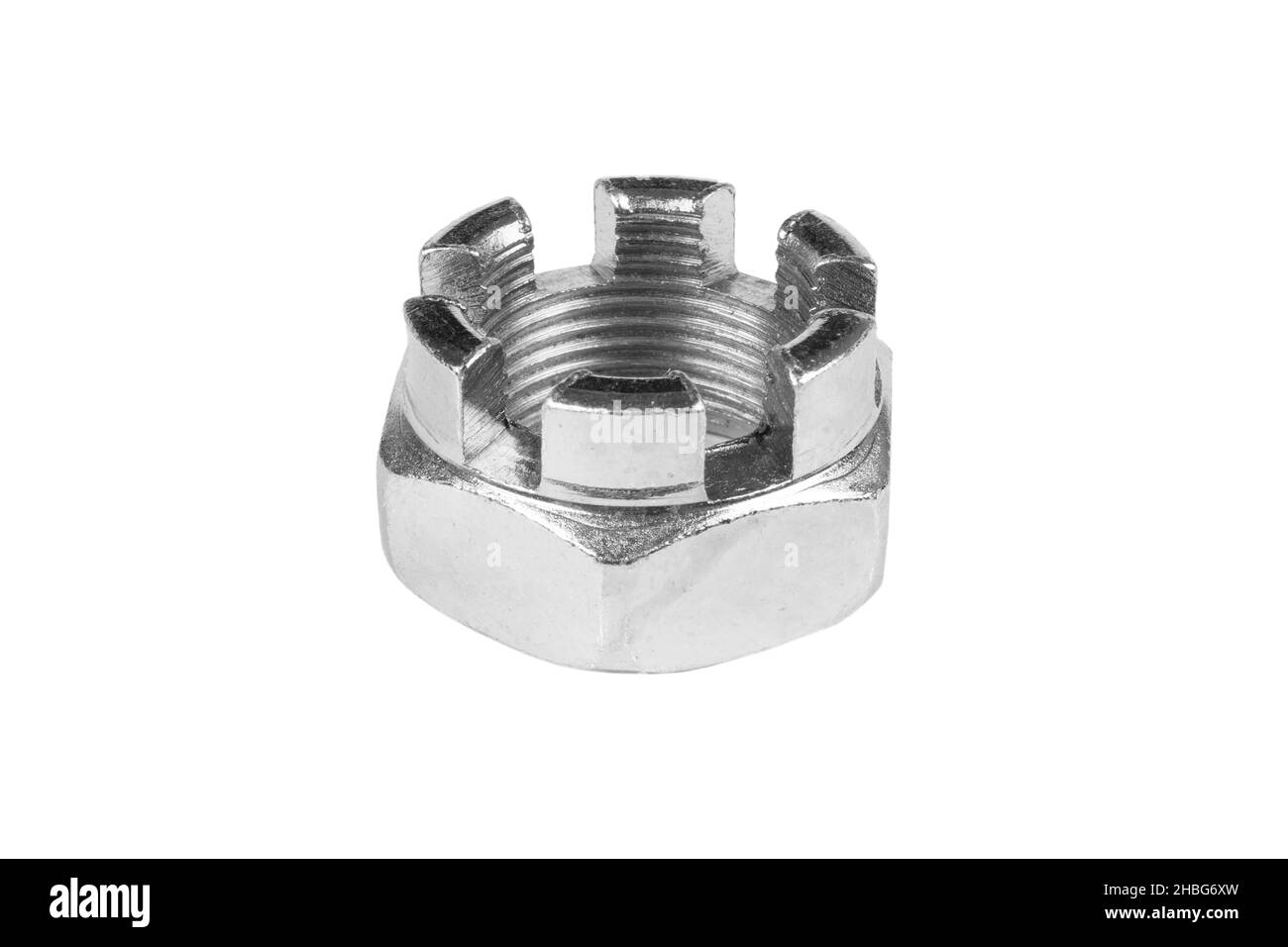 Macro shot metal nut isolated on white background. Chromed screw nut