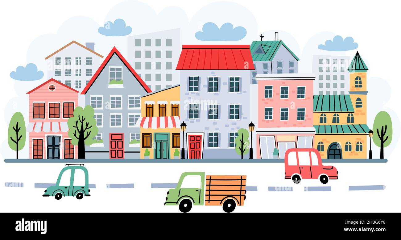 Childish town street landscape with houses and cars on road. Cute city in scandinavian style. Cartoon village buildings vector background Stock Vector