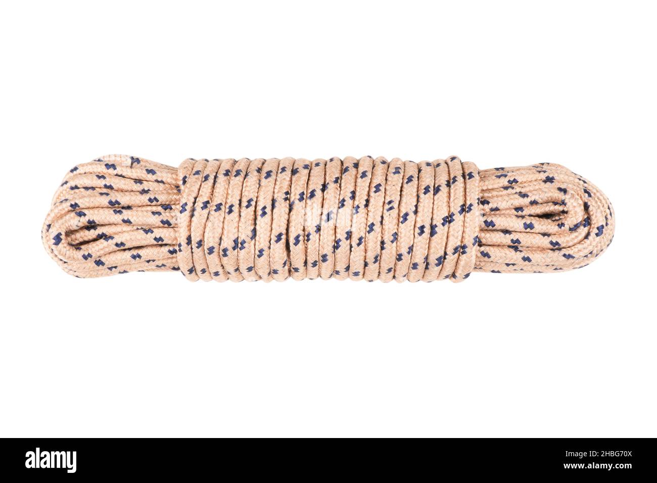 Coiled nylon rope isolated on white background. Striped nylon rope isolated. A coil of new colored rope. Stock Photo